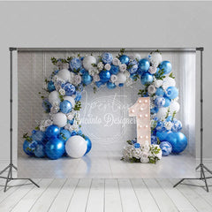 Aperturee - Aperturee Elegant Blue and White Balloon Floral Garland Photography Backdrop First Birthday Party Decor for Baby