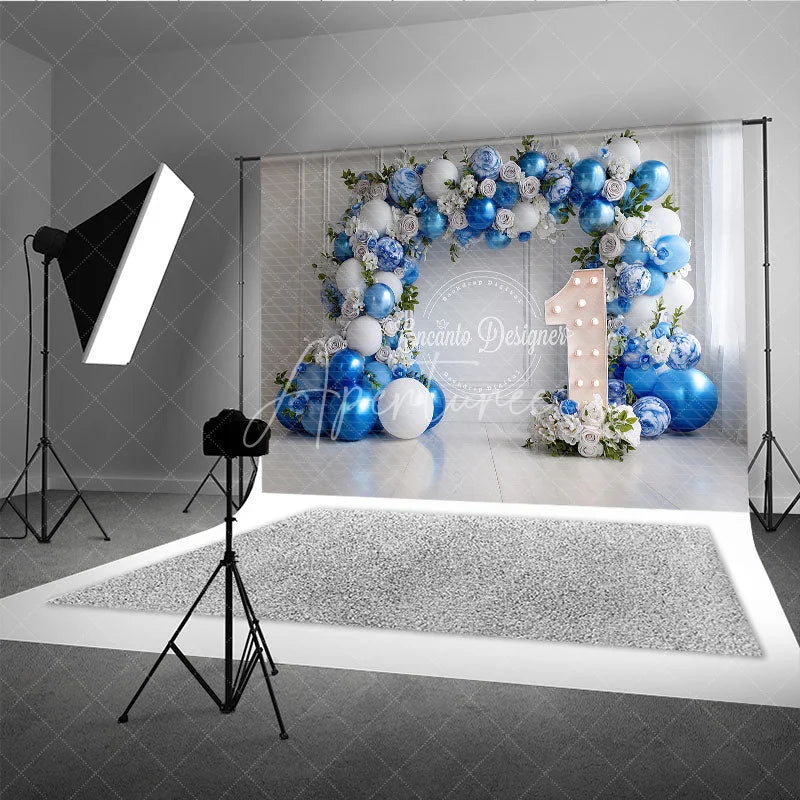 Aperturee - Aperturee Elegant Blue and White Balloon Floral Garland Photography Backdrop First Birthday Party Decor for Baby