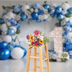 Aperturee - Aperturee Elegant Blue and White Balloon Floral Garland Photography Backdrop First Birthday Party Decor for Baby