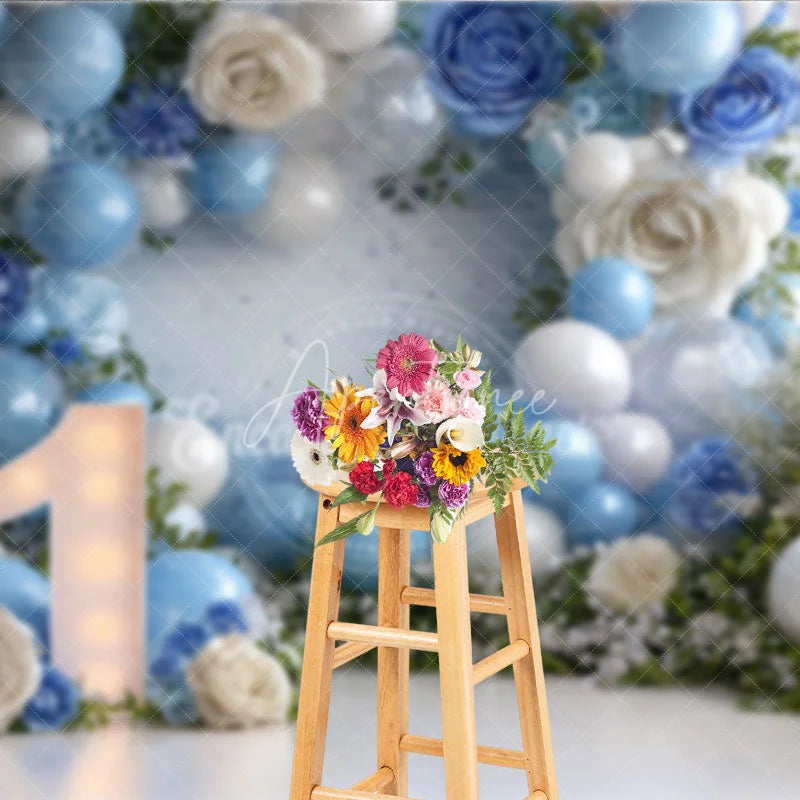 Aperturee - Aperturee Elegant Blue and White Balloons and Roses Number One Photography Backdrop First Birthday Party Decor