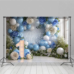 Aperturee - Aperturee Elegant Blue and White Balloons and Roses Number One Photography Backdrop First Birthday Party Decor