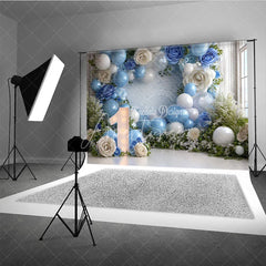 Aperturee - Aperturee Elegant Blue and White Balloons and Roses Number One Photography Backdrop First Birthday Party Decor