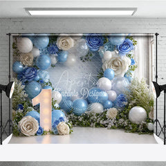Aperturee - Aperturee Elegant Blue and White Balloons and Roses Number One Photography Backdrop First Birthday Party Decor