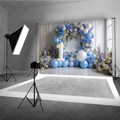 Aperturee - Aperturee Elegant Blue and White Floral Arch with Number 1 Photography Backdrop First Birthday Party Decor