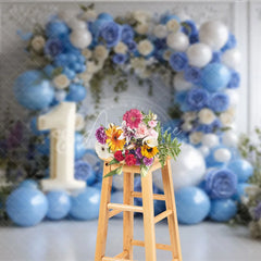 Aperturee - Aperturee Elegant Blue and White Floral Arch with Number 1 Photography Backdrop First Birthday Party Decor