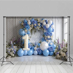 Aperturee - Aperturee Elegant Blue and White Floral Arch with Number 1 Photography Backdrop First Birthday Party Decor