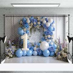 Aperturee - Aperturee Elegant Blue and White Floral Arch with Number 1 Photography Backdrop First Birthday Party Decor