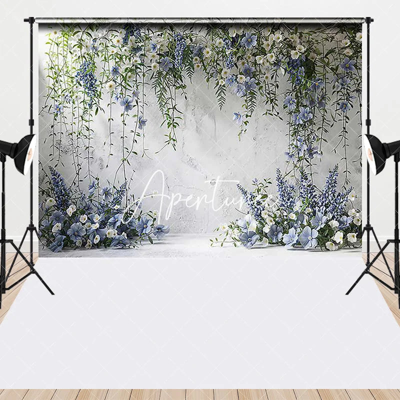 Aperturee - Aperturee Elegant Blue and White Floral Green Vines Textured Wall Combo Set Backdrop Wedding Baby Shower Spring Party Decor
