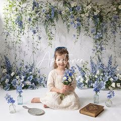 Aperturee - Aperturee Elegant Blue and White Floral Green Vines Textured Wall Combo Set Backdrop Wedding Baby Shower Spring Party Decor
