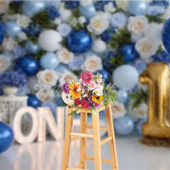 Aperturee - Aperturee Elegant Blue and White Floral Photography Backdrop Gold Number One Balloon and ONE Letters for First Birthday