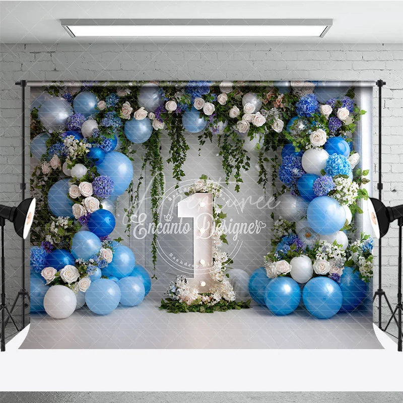 Aperturee - Aperturee Elegant Blue and White Floral Photography Backdrop with Balloons Greenery and Number One for First Birthday Party