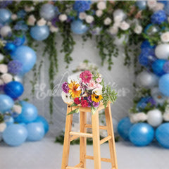 Aperturee - Aperturee Elegant Blue and White Floral Photography Backdrop with Balloons Greenery and Number One for First Birthday Party