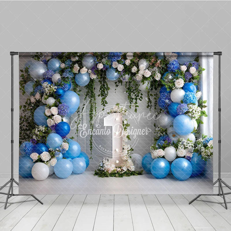 Aperturee - Aperturee Elegant Blue and White Floral Photography Backdrop with Balloons Greenery and Number One for First Birthday Party