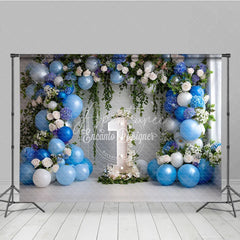 Aperturee - Aperturee Elegant Blue and White Floral Photography Backdrop with Balloons Greenery and Number One for First Birthday Party