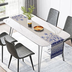 Aperturee - Aperturee Elegant Blue and White Paisley Table Runner Floral Border Modern Farmhouse Kitchen Dining Decor