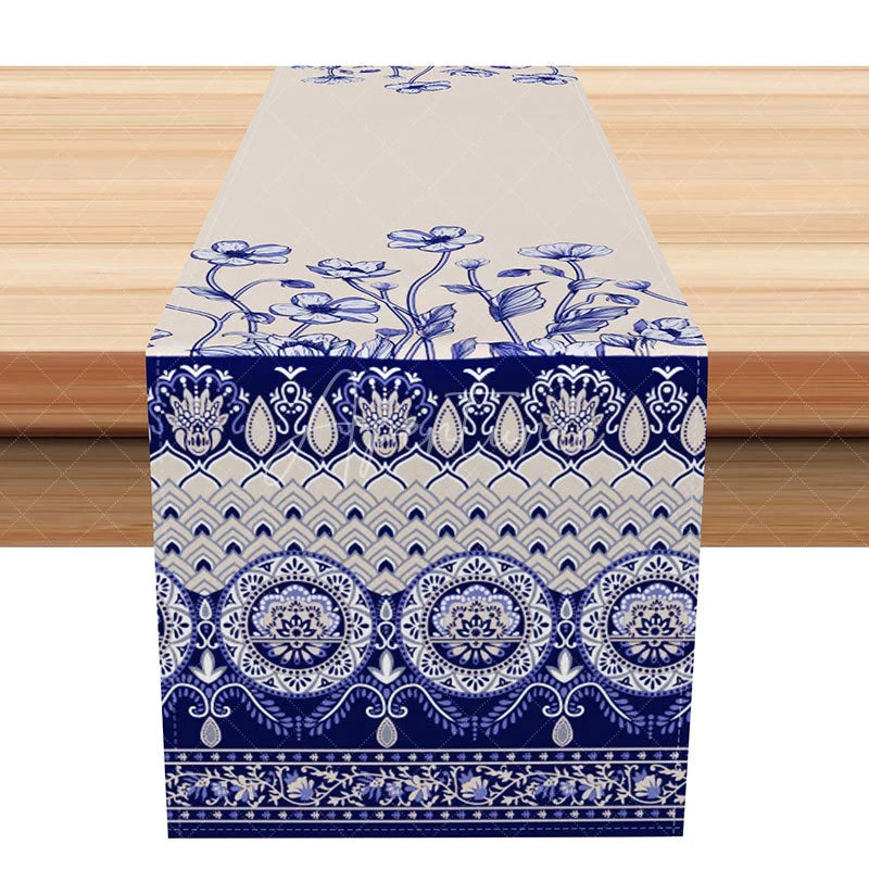 Aperturee - Aperturee Elegant Blue and White Paisley Table Runner Floral Border Modern Farmhouse Kitchen Dining Decor