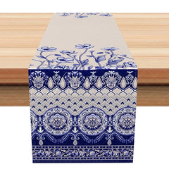 Aperturee - Aperturee Elegant Blue and White Paisley Table Runner Floral Border Modern Farmhouse Kitchen Dining Decor