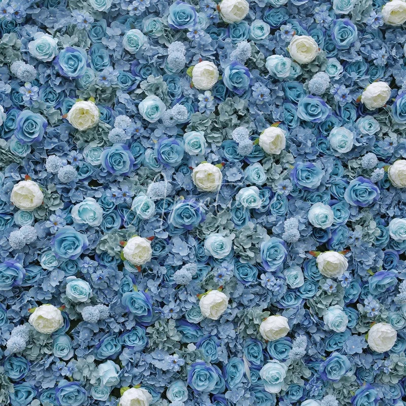 Aperturee - Aperturee Elegant Blue and White Rose Artificial Flower Wall Lush Hydrangea Floral Backdrop for Wedding Party Decor