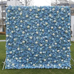 Aperturee - Aperturee Elegant Blue and White Rose Artificial Flower Wall Lush Hydrangea Floral Backdrop for Wedding Party Decor