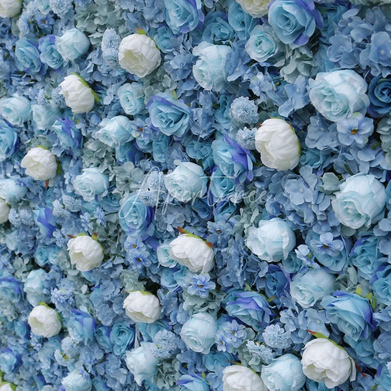 Aperturee - Aperturee Elegant Blue and White Rose Artificial Flower Wall Lush Hydrangea Floral Backdrop for Wedding Party Decor