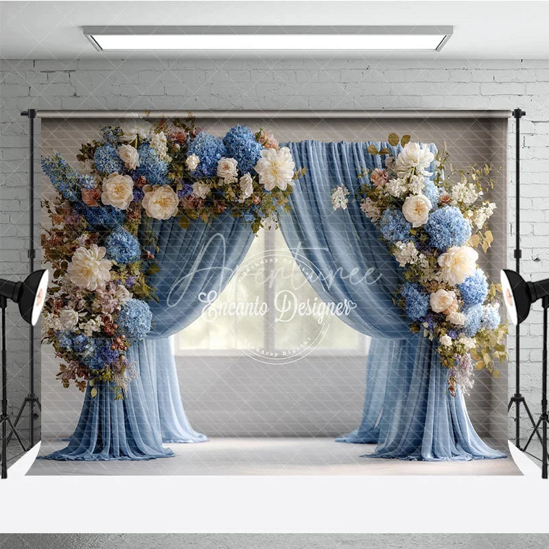 Aperturee - Aperturee Elegant Blue Curtain Photography Backdrop Floral Arch with Hydrangeas Wedding or Maternity Photo Background
