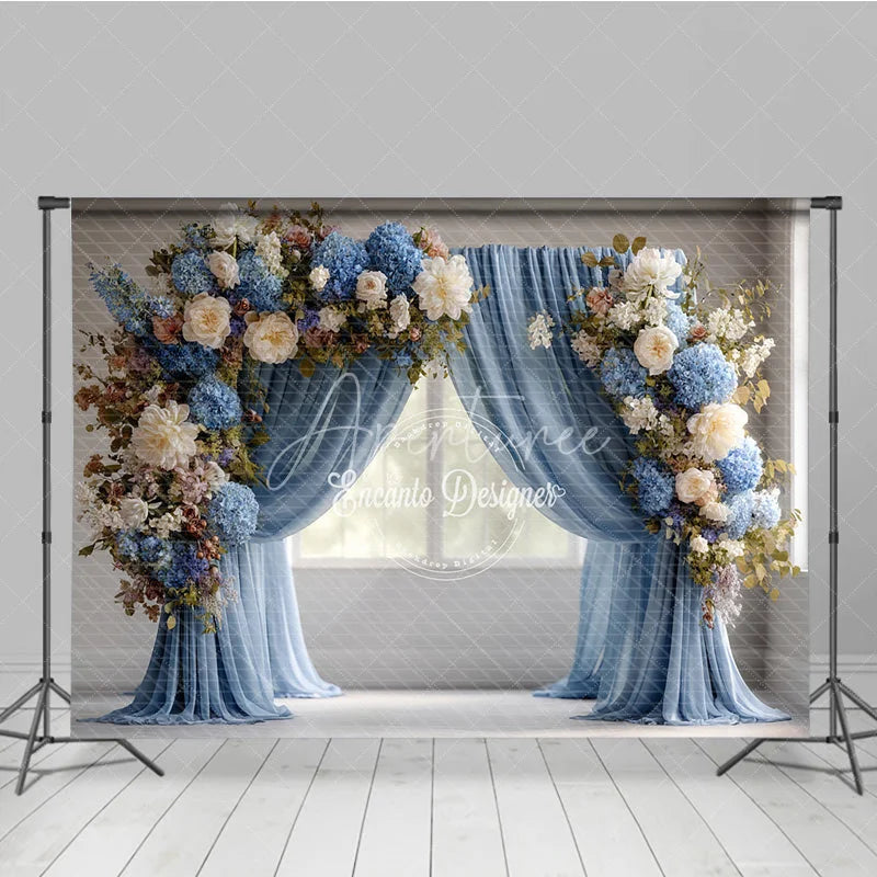 Aperturee - Aperturee Elegant Blue Curtain Photography Backdrop Floral Arch with Hydrangeas Wedding or Maternity Photo Background