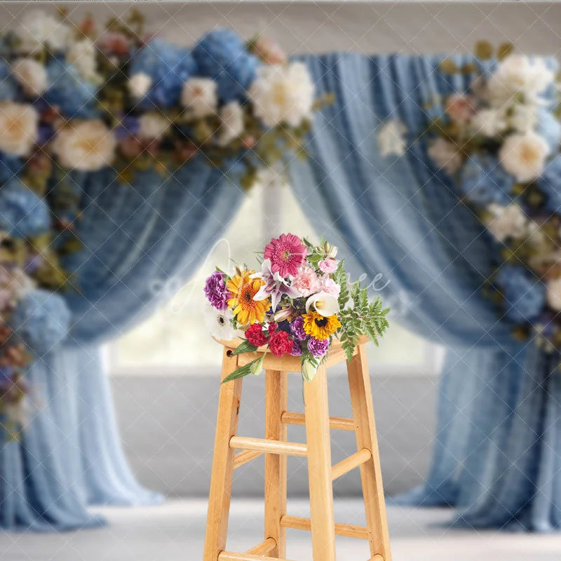 Aperturee - Aperturee Elegant Blue Curtain Photography Backdrop Floral Arch with Hydrangeas Wedding or Maternity Photo Background