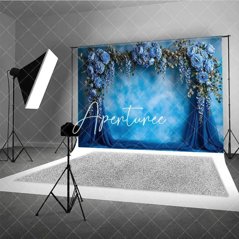 Aperturee - Aperturee Elegant Blue Floral Arch Photography Backdrop with Peonies and Wisteria Textured Sky Background for Baby Shower Party