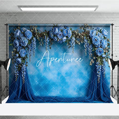 Aperturee - Aperturee Elegant Blue Floral Arch Photography Backdrop with Peonies and Wisteria Textured Sky Background for Baby Shower Party