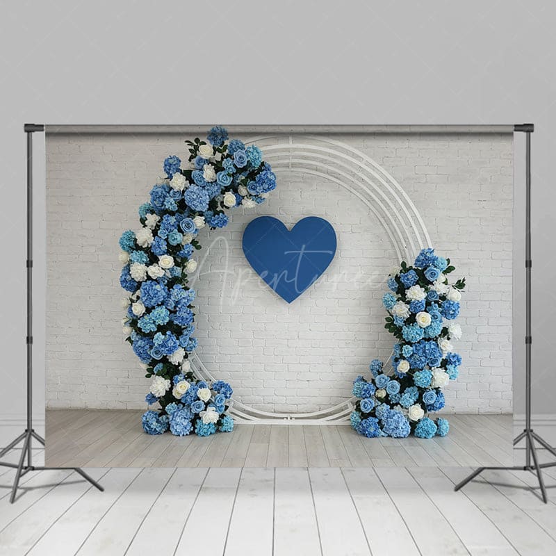 Aperturee - Aperturee Elegant Blue Floral Hearts Wall Wedding Backdrop