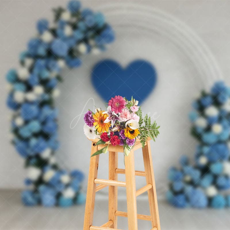 Aperturee - Aperturee Elegant Blue Floral Hearts Wall Wedding Backdrop