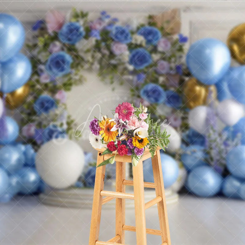 Aperturee - Aperturee Elegant Blue Gold White Balloons and Floral Arch Number One Photography Backdrop First Birthday Party Decor