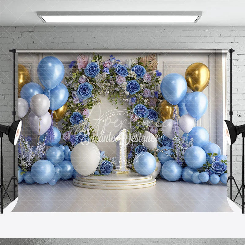 Aperturee - Aperturee Elegant Blue Gold White Balloons and Floral Arch Number One Photography Backdrop First Birthday Party Decor
