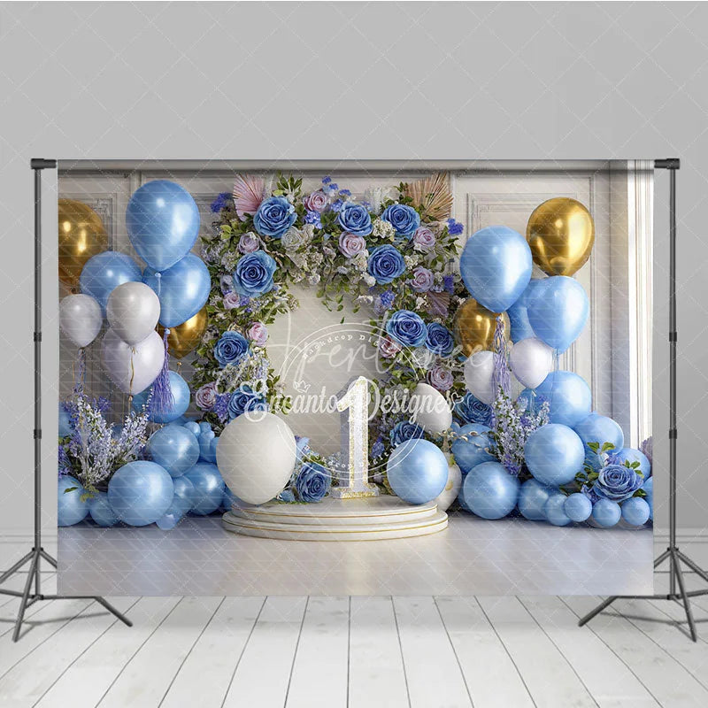 Aperturee - Aperturee Elegant Blue Gold White Balloons and Floral Arch Number One Photography Backdrop First Birthday Party Decor