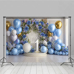 Aperturee - Aperturee Elegant Blue Gold White Balloons and Floral Arch Number One Photography Backdrop First Birthday Party Decor