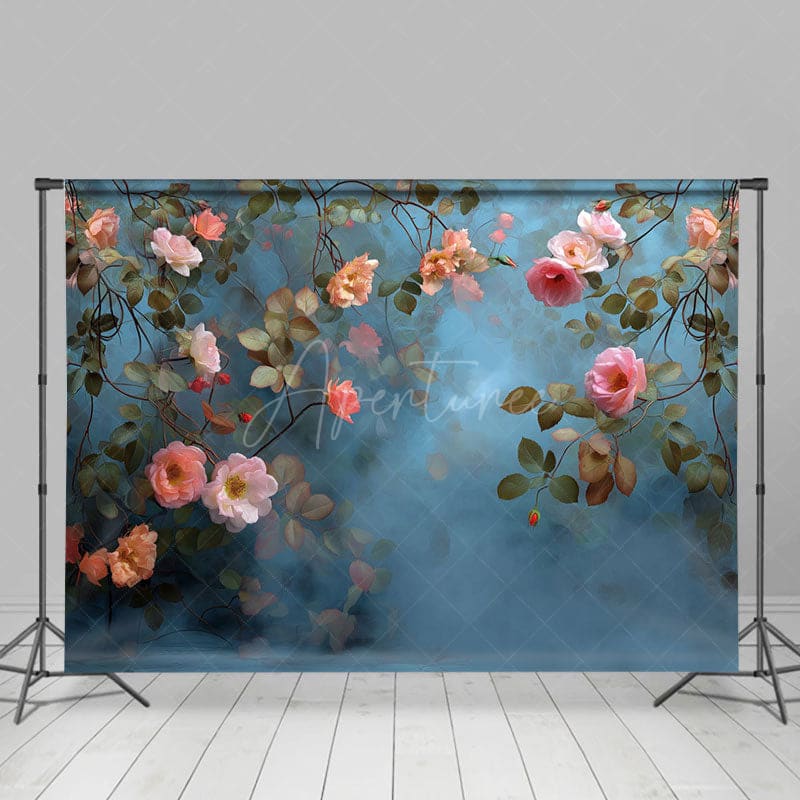 Aperturee - Aperturee Elegant Blue Pink Floral Leaves Photography Backdrop