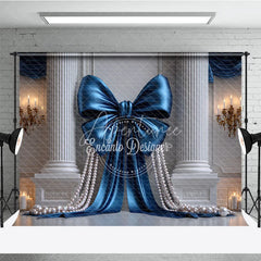 Aperturee - Aperturee Elegant Blue Satin Bow and Pearl Photography Backdrop Classical Columns and Golden Chandeliers for Luxury Events