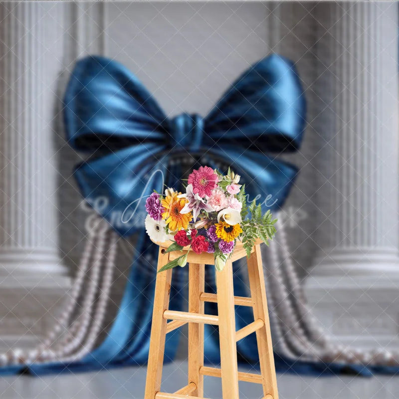 Aperturee - Aperturee Elegant Blue Satin Bow and Pearl Photography Backdrop Classical Columns and Golden Chandeliers for Luxury Events