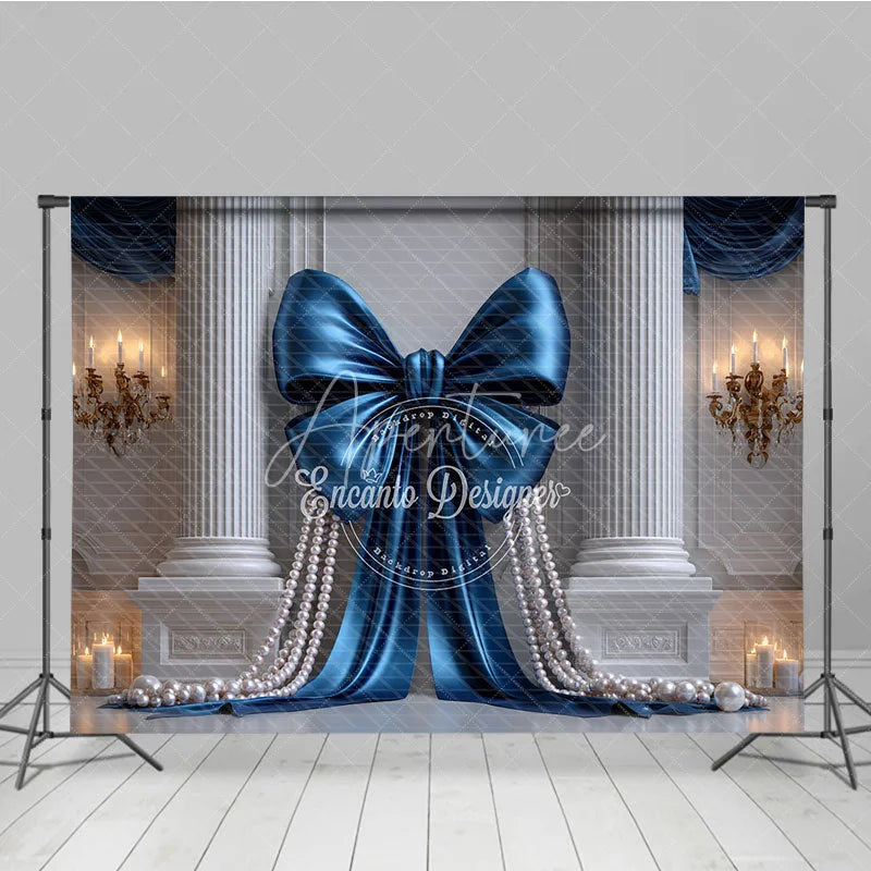 Aperturee - Aperturee Elegant Blue Satin Bow and Pearl Photography Backdrop Classical Columns and Golden Chandeliers for Luxury Events
