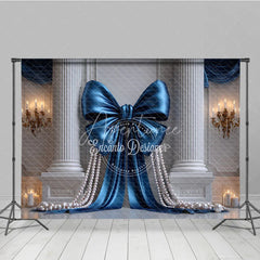 Aperturee - Aperturee Elegant Blue Satin Bow and Pearl Photography Backdrop Classical Columns and Golden Chandeliers for Luxury Events