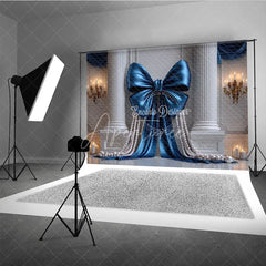 Aperturee - Aperturee Elegant Blue Satin Bow and Pearl Photography Backdrop Classical Columns and Golden Chandeliers for Luxury Events