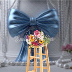 Aperturee - Aperturee Elegant Blue Satin Bow and White Pearl Photography Backdrop featuring Classical Columns and Pink Roses