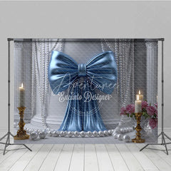 Aperturee - Aperturee Elegant Blue Satin Bow and White Pearl Photography Backdrop featuring Classical Columns and Pink Roses