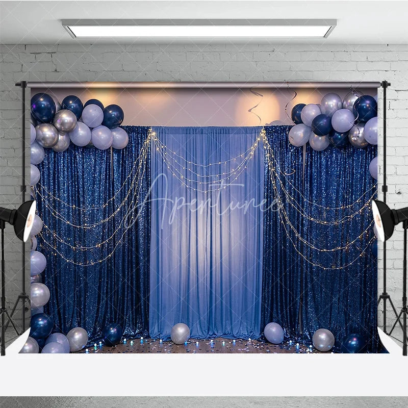 Aperturee - Aperturee Elegant Blue Sequin and Fabric Photography Backdrop with Balloons and String Lights Festive Party Celebration Decor