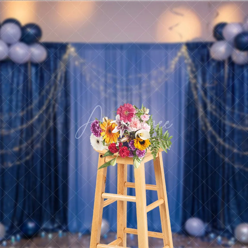 Aperturee - Aperturee Elegant Blue Sequin and Fabric Photography Backdrop with Balloons and String Lights Festive Party Celebration Decor