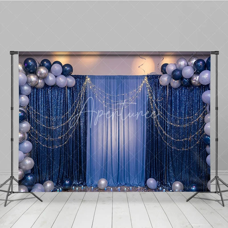 Aperturee - Aperturee Elegant Blue Sequin and Fabric Photography Backdrop with Balloons and String Lights Festive Party Celebration Decor