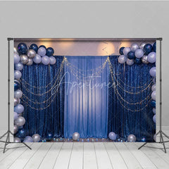 Aperturee - Aperturee Elegant Blue Sequin and Fabric Photography Backdrop with Balloons and String Lights Festive Party Celebration Decor
