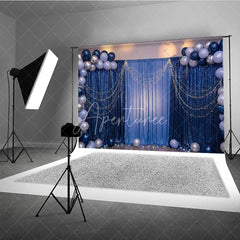 Aperturee - Aperturee Elegant Blue Sequin and Fabric Photography Backdrop with Balloons and String Lights Festive Party Celebration Decor