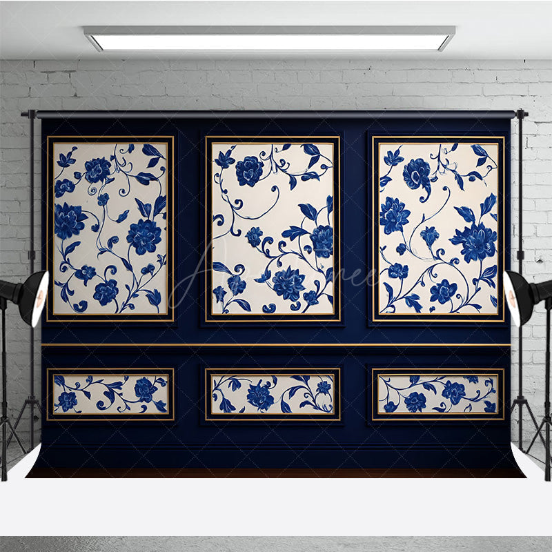 Aperturee Aperturee Elegant Blue Wall Photography Backdrop Chinoiserie Style with Floral Panels Fine Art Studio Photo Prop