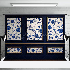 Aperturee Aperturee Elegant Blue Wall Photography Backdrop Chinoiserie Style with Floral Panels Fine Art Studio Photo Prop